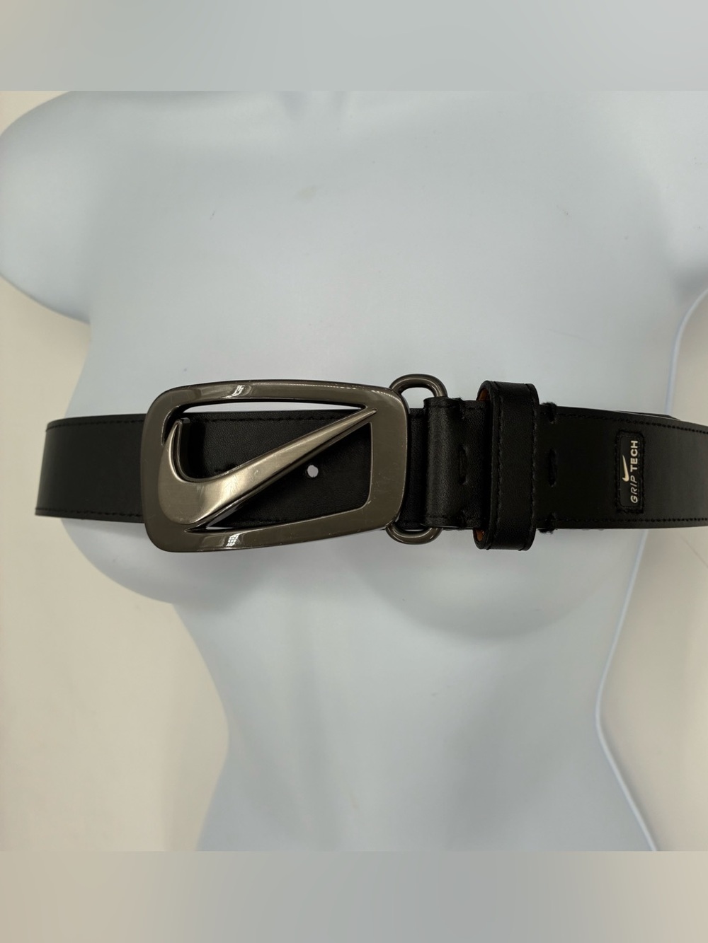 Nike Golf Grip Tech Leather Belt Black Silver Metal Enamel Grid Buckle Adjust